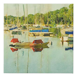 ミネアポリスのハリエット湖に赤と青の帆船 フェイクキャンバスプリント