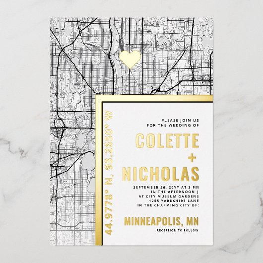 ミネアポリスラブロケーター |シティテーマ結婚の 箔招待状 (正面)