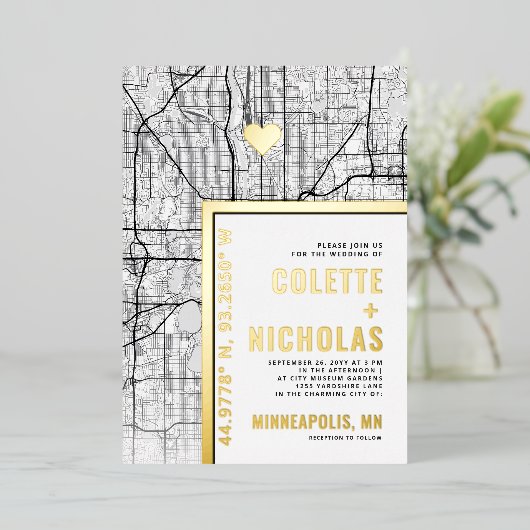 ミネアポリスラブロケーター |シティテーマ結婚の 箔招待状 (立ち正面)