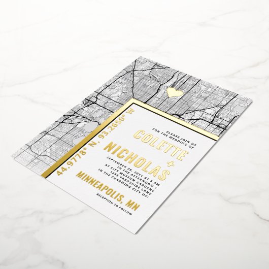 ミネアポリスラブロケーター |シティテーマ結婚の 箔招待状 (回転した状態)