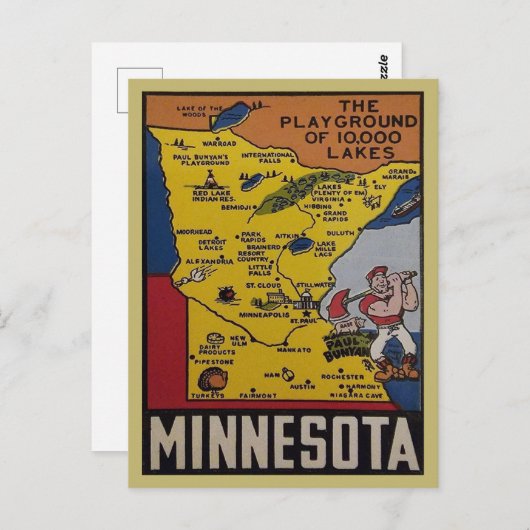 ミネソタおもしろいヴィンテージ旅行州マップ1950s ポストカード (正面/裏面)