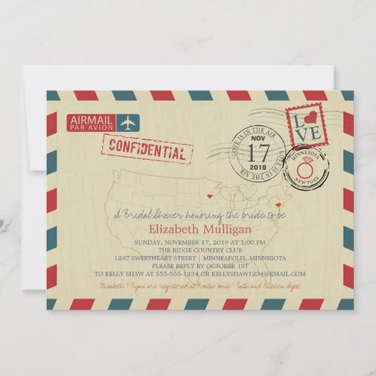 ミネソタとニューヨークエアメール | ブライダルシャワー 招待状 (正面)