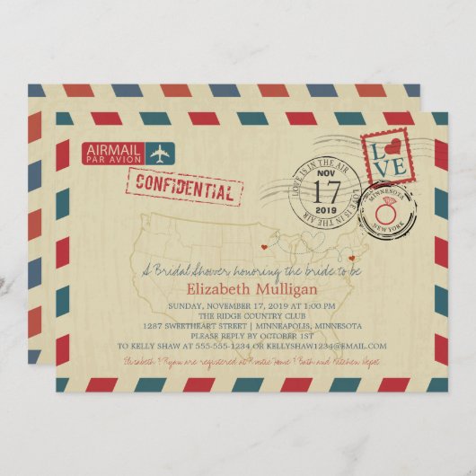 ミネソタとニューヨークエアメール | ブライダルシャワー 招待状 (正面/裏面)