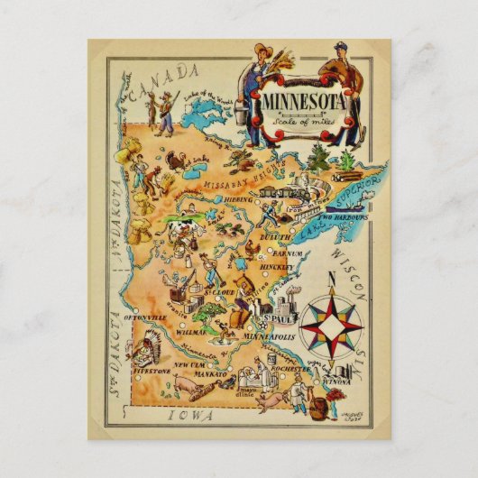 ミネソタ図解入りの、写真付きのの地図 ポストカード (正面)