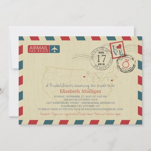 ミネソタ州とニューヨークの航空郵便 | ブライダルシャワー 招待状 (正面)