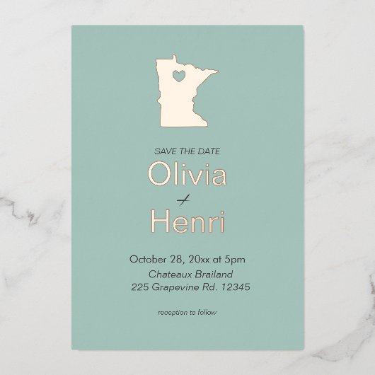 ミネソタ州の宛先ウェディング日付を保存 箔招待状 (正面)