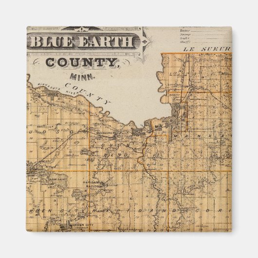 ミネソタ州ブルーアース郡の地図 マグネット (正面)