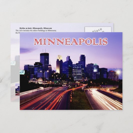 ミネソタ州ミネアポリス，夕暮れ時のスカイライン ポストカード (正面/裏面)