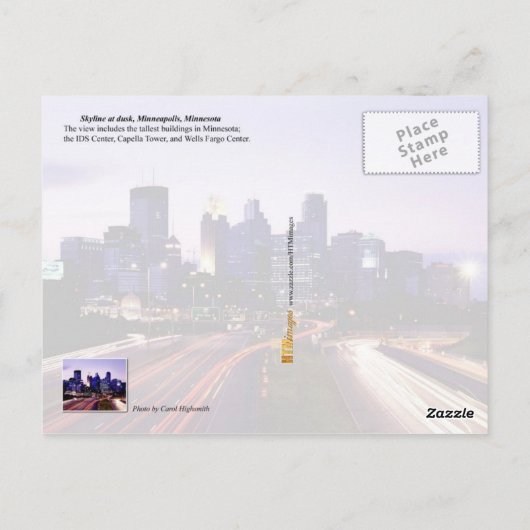ミネソタ州ミネアポリス，夕暮れ時のスカイライン ポストカード (裏面)