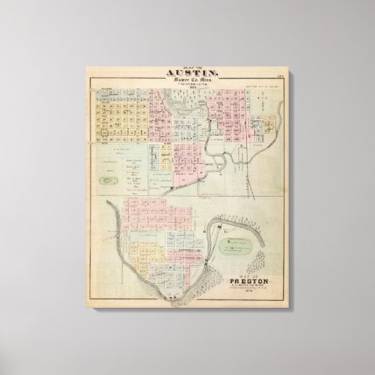 ミネソタ州モーア郡オースティンの地図 キャンバスプリント (正面)