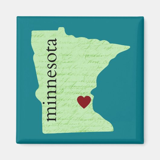 ミネソタ – 緑，ティール（緑がかった色）,ハート，ホーム マグネット (正面)