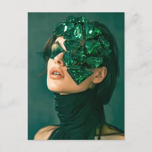 ミネラルエメラルドCrで飾られたクリスタルマスクの女性 シーズンポストカード (正面)