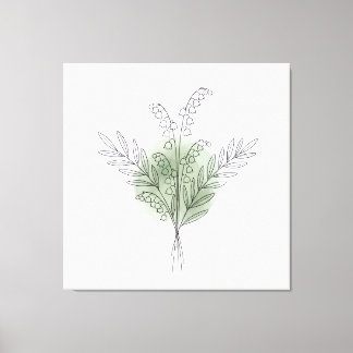 ミネラルグリーンの花の水彩画とシンプルなラインアート キャンバスプリント