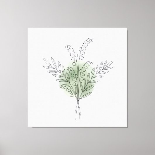 ミネラルグリーンの花の水彩画とシンプルなラインアート キャンバスプリント (正面)