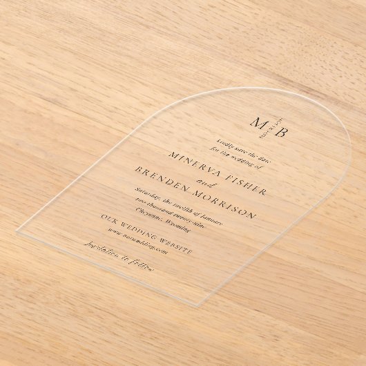 ミネルバモダンエレガントな結婚式の日付を保存 アクリル招待状 (レイダウン)