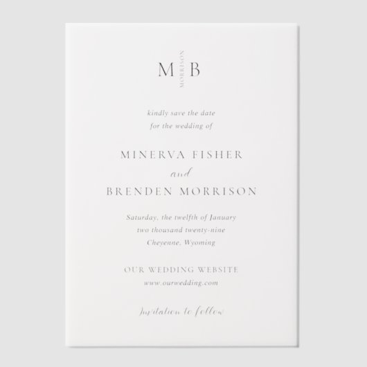 ミネルバモダンエレガントな結婚式の日付を保存 ベラム紙招待状 (正面)
