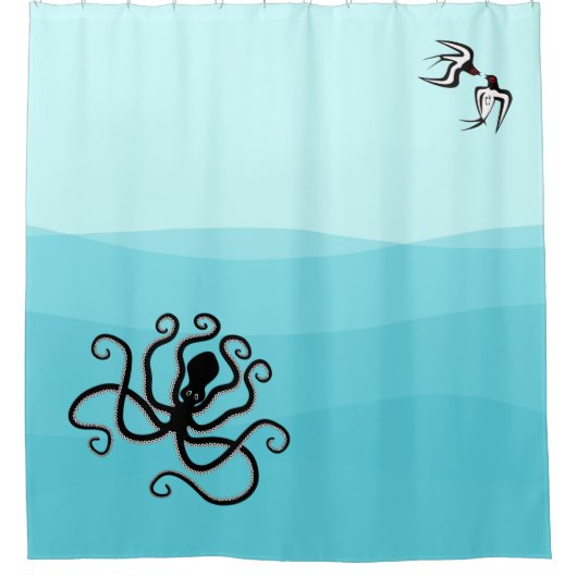 ミノアスタイルシースケープタコ&スワローズ シャワーカーテン (正面)