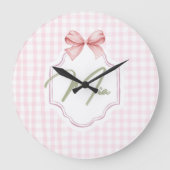 ミパーソナライズされたアベビーガール子供部屋ボウ&ギンガム ラージ壁時計 (正面)