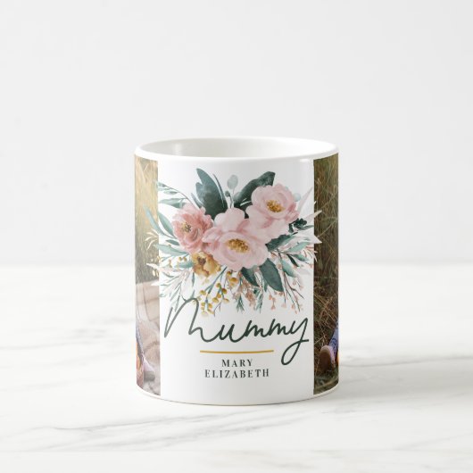 ミミイラの贈り物2フォトピンクガーリーの水色フローラ コーヒーマグカップ (中央)