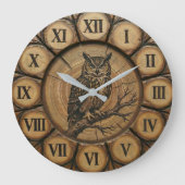 ミミズクのレトロな壁時計|木目調のキャビンデコ ラージ壁時計 (正面)