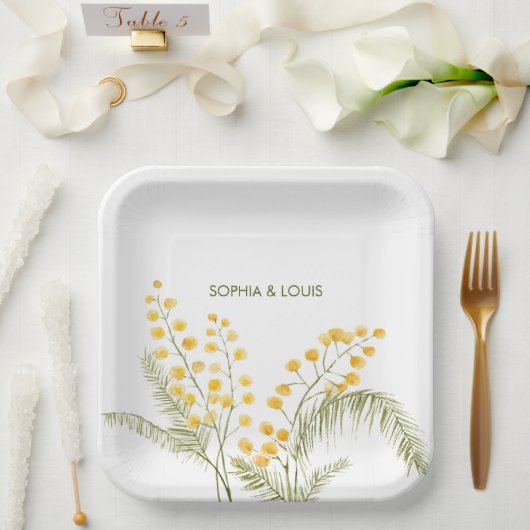 ミモサの花ロマン結婚ティック ペーパープレート (ウェディング)