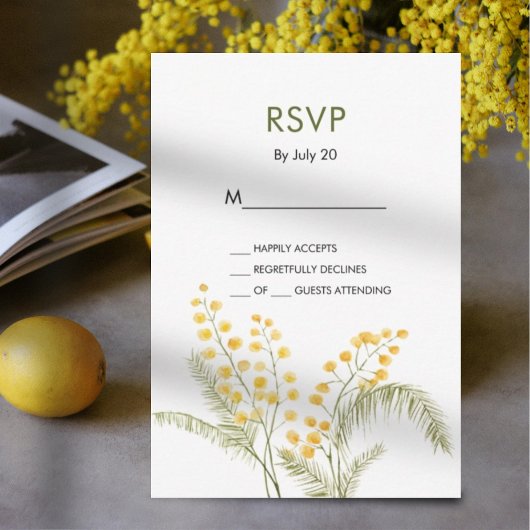 ミモサエレガント花イエローウェディングrsvpカード 出欠カード