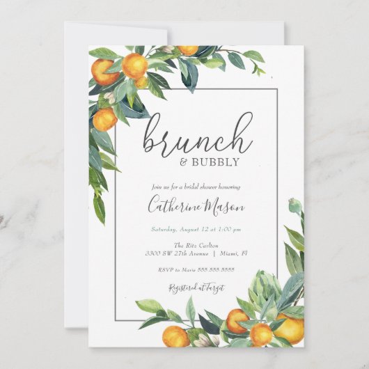 ミモサオレンジブランチアンドバブリーブライダルシャワー 招待状 (正面)