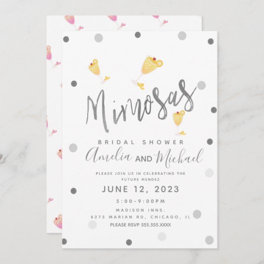 ミモサ紙吹雪イエローシルバーブライダルシャワー 招待状 (正面/裏面)