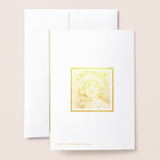 ミモザの帽子をかぶったヴィンテージの少女 箔カード (裏面封筒付き)