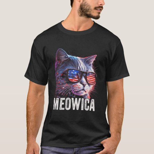 ミャオウィカ アメリカ 国旗 ネコ 7月4日 アメリカン Tシャツ (正面)