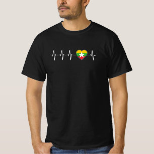 ミャンマーのハートビートIラブミャンマー国旗のハート Tシャツ