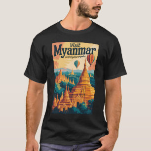 ミャンマーのパゴダのイラスト 旅行アート ヴィンテージ Tシャツ