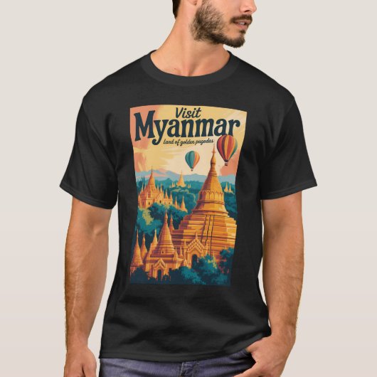ミャンマーのパゴダのイラスト 旅行アート ヴィンテージ Tシャツ (正面)