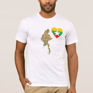 ミャンマーの旗のハートおよび地図のTシャツ Tシャツ