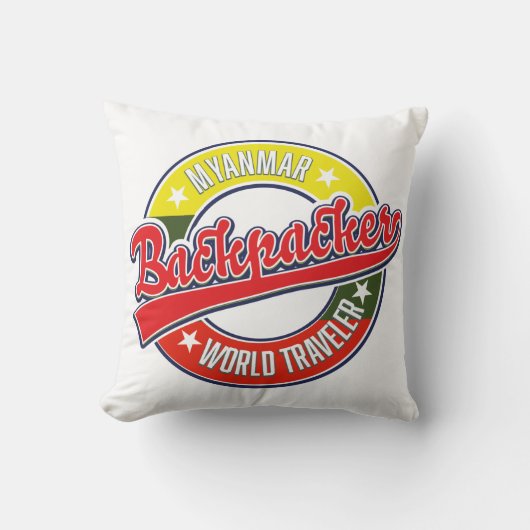 ミャンマーバックパッカーワールドトラベラーロゴ クッション (正面)