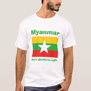 ミャンマー国旗+地図+テキストTシャツ Tシャツ