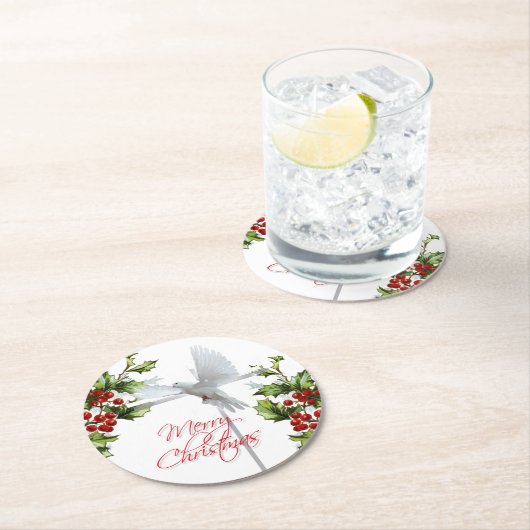 ミヤドリギの白いクリスマスハトの実 ラウンドペーパーコースター (インサイチュ)