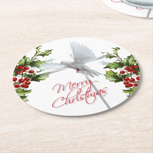 ミヤドリギの白いクリスマスハトの実 ラウンドペーパーコースター (アングル)
