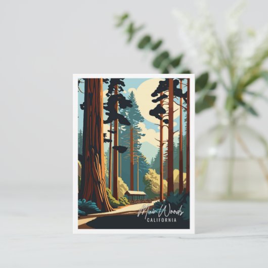 ミュアウッズカリフォルニアヴィンテージ旅行イラストレーション ポストカード (スタンド正面)