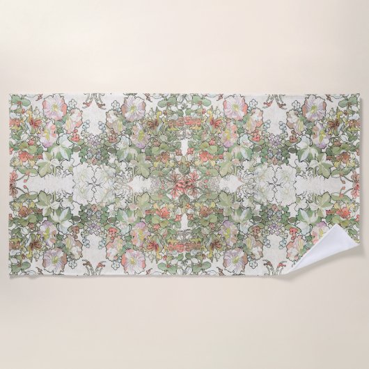 ミュシャのアールヌーボーのハニーサックルのHollyhockの花柄 ビーチタオル (正面)