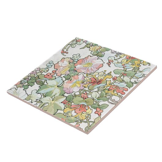 ミュシャのアールヌーボーのHollyhocksの花柄のタイル タイル (側面)