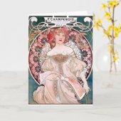 ミュシャのChampenoisパリのピンクの服の女性アール・デコ カード (黄色い花)