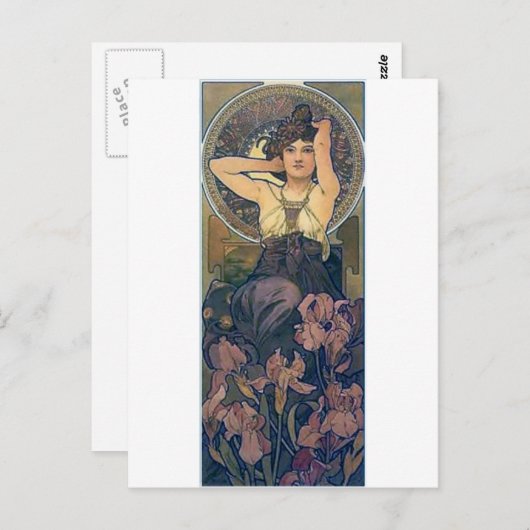 ミュシャアイリス花ウーマンアールデコ ポストカード (正面/裏面)