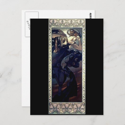 ミュシャアートデコナイトスターブラックドレスウーマン ポストカード (正面/裏面)