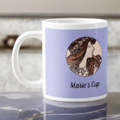 ミュシャアールヌーボー女性ピンクの花オンパープル ジャンボコーヒーマグカップ