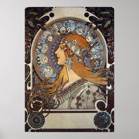 ミュシャアールヌーボー女性ヴィンテージフランスの〔占星術の〕十二宮図 ポスター (正面)