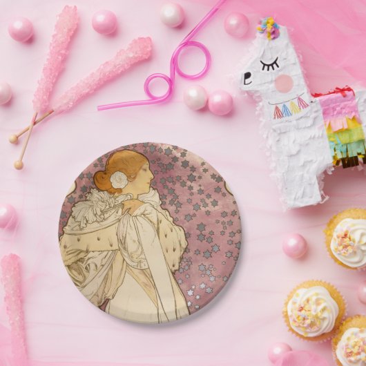 ミュシャアールヌーボー女性美しい ペーパープレート (パーティー)