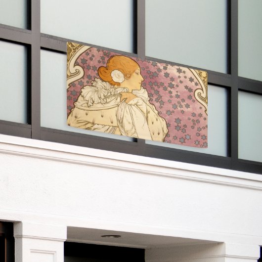 ミュシャアールヌーボー女性美しい 横断幕 (ビルの外側)