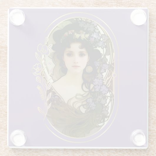 ミュシャエレガントスタイルポートレートの美しい女性 ガラスコースター (裏面)