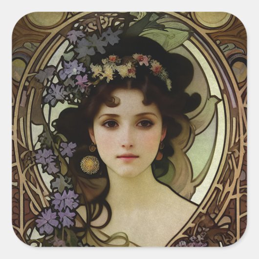 ミュシャエレガントスタイルポートレートの美しい女性 スクエアシール (正面)